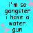 Pixelated cyan background with black text repeating 'i'm so gangster i have a water. gun' and pink square animations.