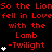 Red text on black background repeats "So the Lion fell in Love with the Lamb" with "-Twilight" and white star symbols, showing animation changes in star count per