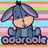 Pixelated cartoon donkey with purple ears and blue body sits on a striped background, surrounded by text elements including 'CUTE!' and '<333'.