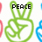 Green peace sign hand with text overlays on white background, featuring multiple text variations including 'PEACE', 'LOVE', and 'HAPPINESS' in pixelated font.