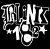 Pixelated black-and-white static image of stylized text with abstract shapes and a circular element on a dark background.