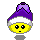 Pixelated yellow face with purple and white hat, four distinct expressions including neutral eyes, closed eyes with red mouth, and narrowed eyes.