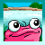 Animated contact sheet of a pink cartoon frog character with changing eye expressions against a background of water and greenery, displayed in 4x3 grid layout with gray transparency background.