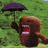 Brown cartoon character with wide open mouth holding dark purple umbrella on green grass background