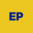 Blue 'EP' letters on a solid yellow background with pixelated edges and slight color bleeding.