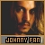 Pixelated portrait of a person with light brown hair and warm-toned skin, set against dark background with golden accents below text reading 'JOHNNY FAN'.