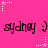 Pink background with repeated 'sydney :)' text and star-shaped pixel decorations in white and pink.