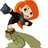 Pixelated character with orange hair in dynamic pose holding a dark object, next to green background with text.
