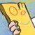 A pixelated yellow and brown object with circular patterns, held by a hand against a blue background.