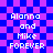 Pixelated text on a blue and purple checkered background with visible pixelation artifacts.