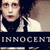 A pixelated image of a person in a white shirt and dark turtleneck, with text reading INNOCENT below the figure.