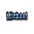A pixelated blue and black graphic with a stylized, abstract design resembling a series of connected shapes or letters on a white background.