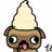 Pixelated cartoon character with large black eyes, pink tongue, and light brown body wearing a white cone-shaped hat.