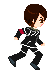 Pixel art character in black outfit with white and red accents running through multiple poses on gray background.