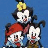 Two side-by-side animated frames of a cartoon character with black hair and yellow top, standing behind two smaller characters on blue background (left) and orange-brown textured background (right)