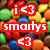 Pixelated image of colorful candy-coated chocolates with three variations of text and symbols in red, green, and cyan.