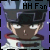 Pixelated character head with dark hair and white eyes, wearing a blue helmet-like hat and red-and-white collar against purple background.