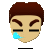 Pixelated avatar with brown hair, closed eyes, and a blue tear on the left cheek against gray background.