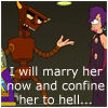 Animated sequence showing a brown robot with horns and a purple-haired woman in a dark room with purple accents.