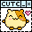 Pixel art of a round, light brown and white hamster-like creature with closed eyes and pink cheeks in two side-by-side