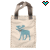 A beige canvas tote bag with a blue moose graphic and brown handles, shown in three states with heart icons above it.