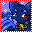 Pixelated blue creature with yellow accents and red eyes against a light purple background with white snowflake patterns.