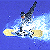 Pixelated snowboarder in mid-air with one arm raised, riding a yellow board against blue background and white motion effect.