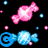 Pixelated candy-themed animation with pink and blue candies, scattered dots, and blue letters forming 'CANDY' vertically on the right side against a black background.