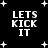 Black background with white pixelated text "LETS KICK IT" repeated four times in a , surrounded by scattered white star shapes