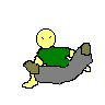Pixelated yellow figure in green shirt and gray pants performs a sequence of stretching poses against light gray background.