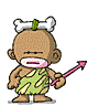 Two pixelated cartoon figures with brown skin, green-and-yellow striped loincloths, and bone-and-green-stick headgear hold pink arrows; one stands still, the other jumps with motion lines.