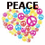 Black text 'PEACE' above a heart-shaped arrangement of colorful pixelated circles in pink, blue, yellow, and red.