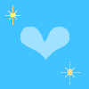 Pixelated blue background with two light-blue hearts and four yellow-orange star shapes in various positions.