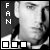 Black-and-white pixelated image of a person's face with vertical text 'FAN' on left, four square icons below the face showing color variations.