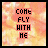 Animated sequence of pixelated text 'COME FLY WITH ME' on a textured orange background with black borders, showing letter-by-letter animation changes.