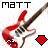 Pixelated image of a red and brown electric guitar with black text 'MATT' above it, set against a white background with faint colored pixels.