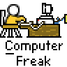 Animated contact sheet showing 12 sequential frames of a pixel art character interacting with a computer at a desk, displayed in a 4x3 grid on gray background.