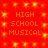 Red background with yellow star-like sparkles and repeated orange text reading HIGH SCHOOL MUSICAL in two