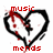 Two heart-shaped icons with black outlines, red splatter effects, and pixelated text labels; one reads 'music mends' and the other 'broken Hearts'.