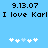 Blue background displays black text '9.13.07' and 'I love Karl', with two of white plus signs where one sign in each changes from white to light blue
