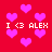 Red background with pink heart shapes and repeated white text "I <3 ALEX" in pixelated font.