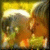 A static pixelated image shows two figures in warm tones with a bright light source above, set against a blurred background.