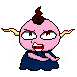 Pixelated pink character with brown mohawk, yellow horns, and blue outfit in three poses: angry face with crossed arms, side view with hand near head, smiling with hands clasped.