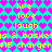 A static pixel art image with a cyan background covered in repeating pink heart shapes, overlaid with yellow text phrases.