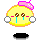 Pixelated yellow circular character with pink bow, white ear-like shapes, and blue tears; expression shifts from crying eyes to closed eyes with red mouth.