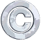 Nine circular metallic objects with a stylized C-shaped cutout, arranged in a on a gray background, showing different angles and reflections