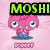 Pixelated character with pink hair and blue eyes on pink background, green 'MOSHI' text above, 'CLUB!' text below.