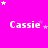 A bright pink background displays the name 'Cassie' in white pixelated text across three , with scattered white and pink stars in various positions