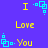 Pixelated text and cyan square icons on a solid purple background, with yellow 'I Love You' text repeated in multiple positions.