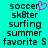 A turquoise background displays black pixelated text listing 'soccer', 'sk8ter', 'surfing', 'summer', 'favorite S' with a pink heart symbol above 'soccer' in the left